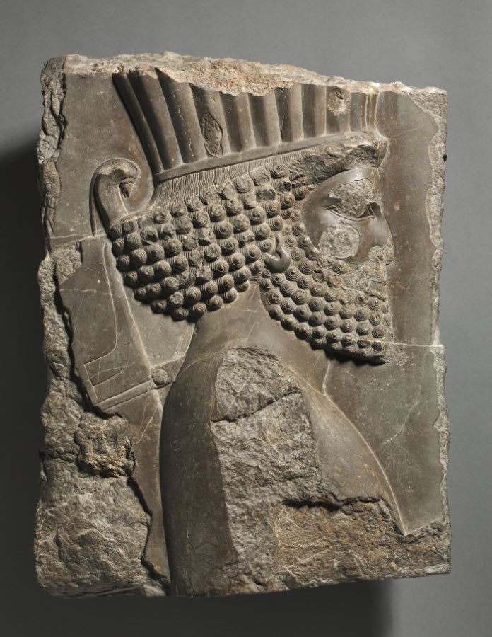 Achaemenid — Fragment of a Wall Decoration from the Palace of Xerxes: "Guardsman" in Procession — Iran, Achaemenid (550–330 BCE), Persepolis, 486–465 BCE