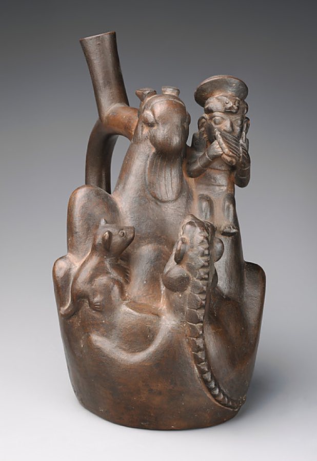 Moche — Stirrup-spout bottle with mountain sacrifice scene — Moche, 500–800 CE