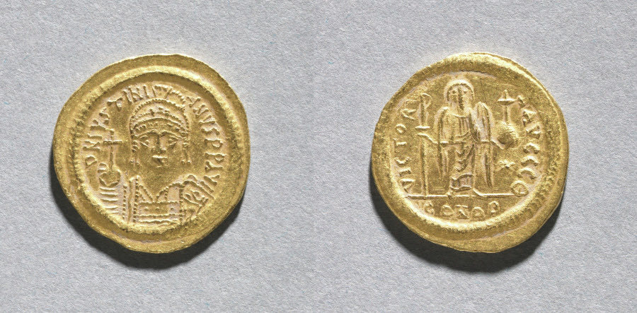 Solidus — Solidus of Justinian I  — Byzantium, Constantinople, Byzantine period, c. 545–65