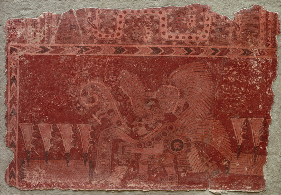 Teotihuacan — Mural Fragment with Elite Male and Maguey Cactus Leaves — Central Mexico, Tlacuilapaxco apartment compound(?), Teotihuacán style, Classic Period, 500–550